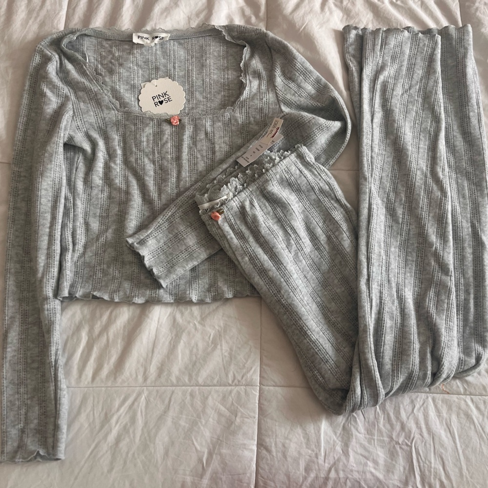 Pink Rose Gray Pajama Set Soft Knit Sleepwear
